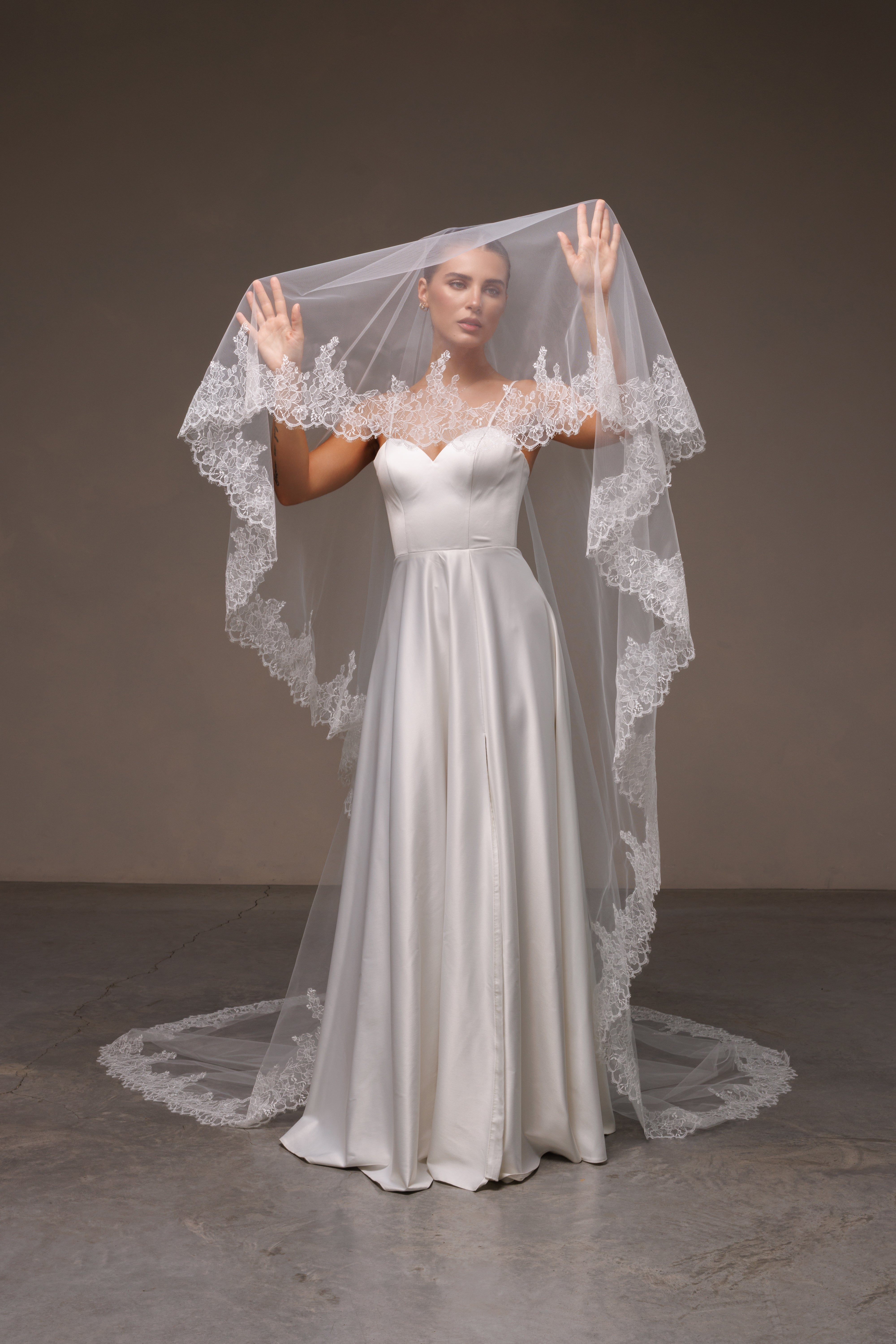 Chantilly Lace Trim Catholic Long Veil | Chapel Wedding Veil 