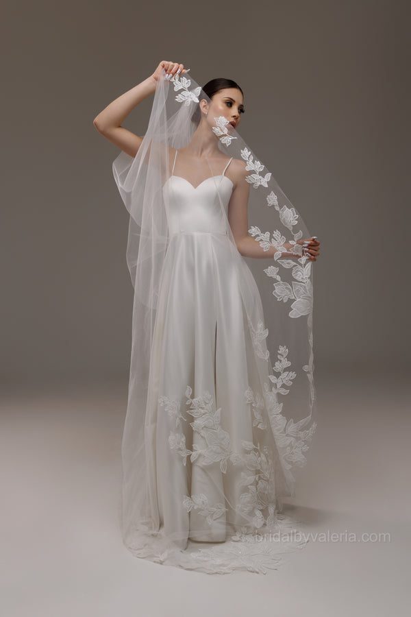 Gorgeous lace veil with big beaded flowers cathedral veil, MAGVB2