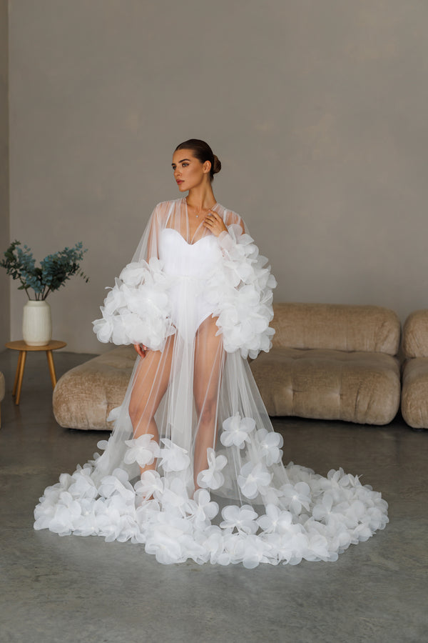 Bridal Robe with 3D Flowers – Wedding Morning Robe 11-R3DL/W-011