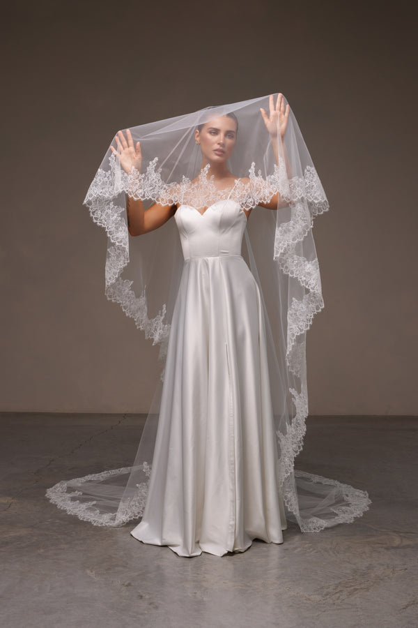 Chantilly lace trim catholic long veil, LCHV03/V-2529