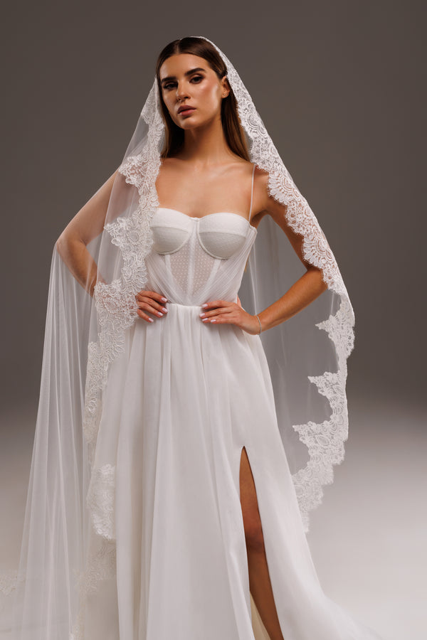 One-layer spanish mantilla lace trim bridal veil, LCV29/V-2505