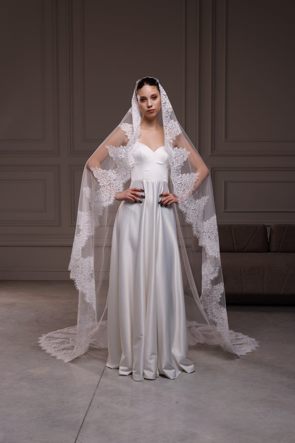 One layer mantilla lace trim bridal veil, LLCV2/V-2557