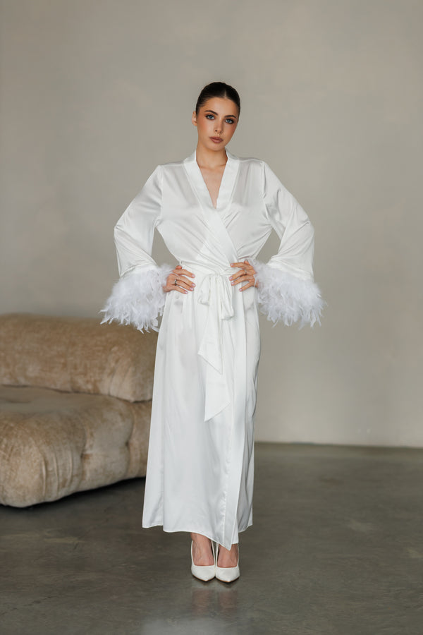 Long Silk Bridal Robe with Feathers