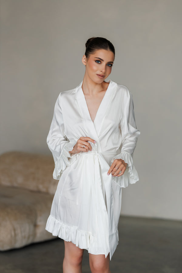 Short silk bridal robe  with ruffles